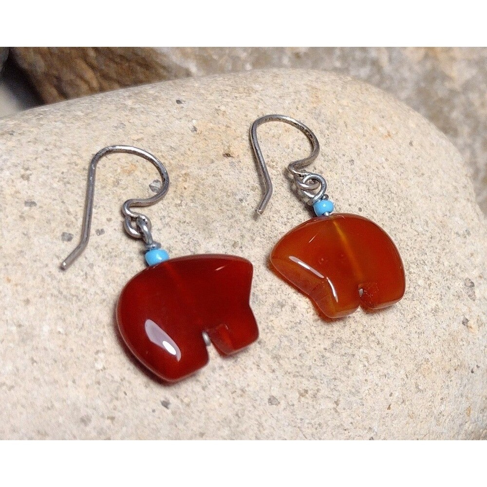 Fetish Bear Carnelian Stone Sterling Silver Dangle Earrings Vintage - Picture 4 of 12